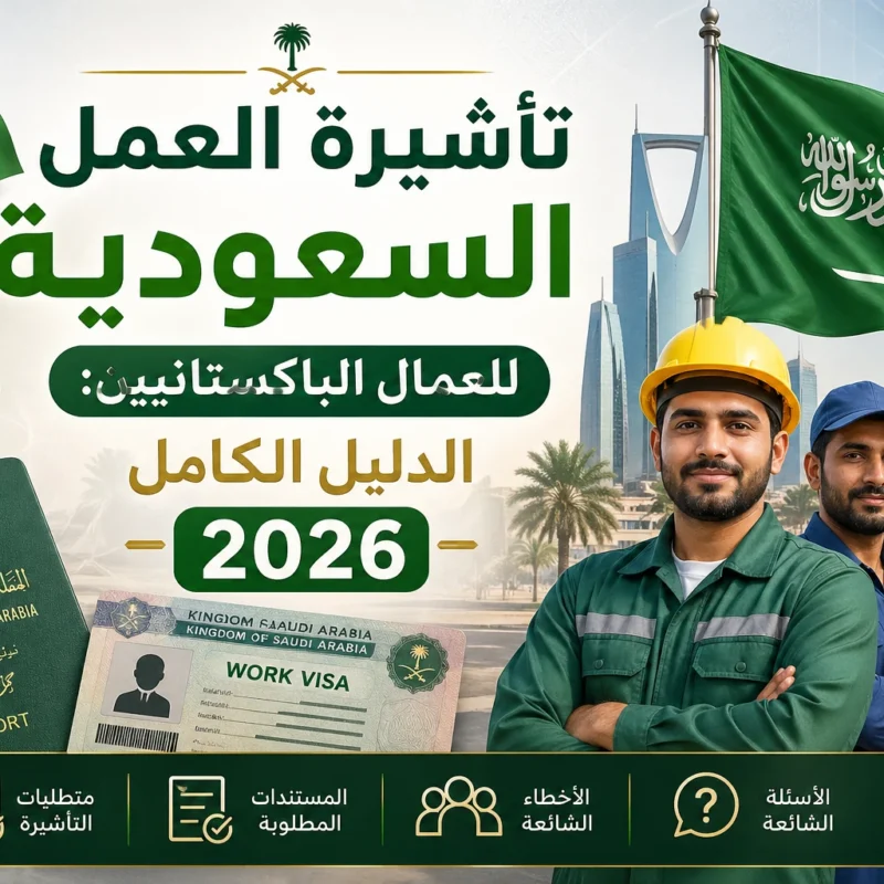 صورة مميزة لدليل تأشيرة العمل السعودية للعمال الباكستانيين 2026 مع رموز السعودية وعمال ومدينة الرياض